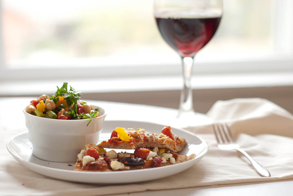 chickpea salad with pita pizza and red wine chickpea salad with pita pizza and red wine