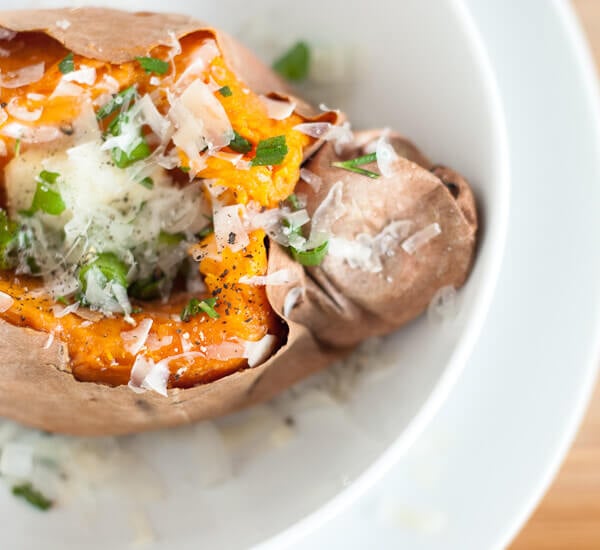 baked sweet potato with parmesan and rosemary