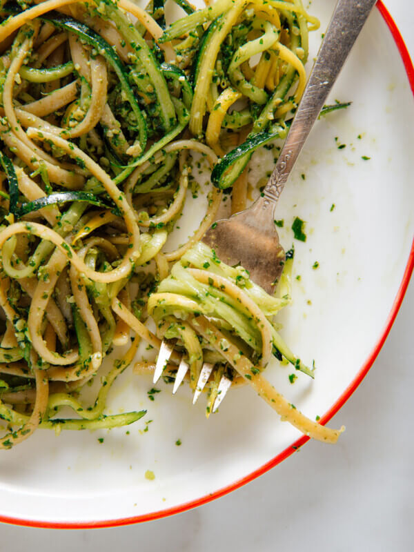 cilantro pesto pasta on fork