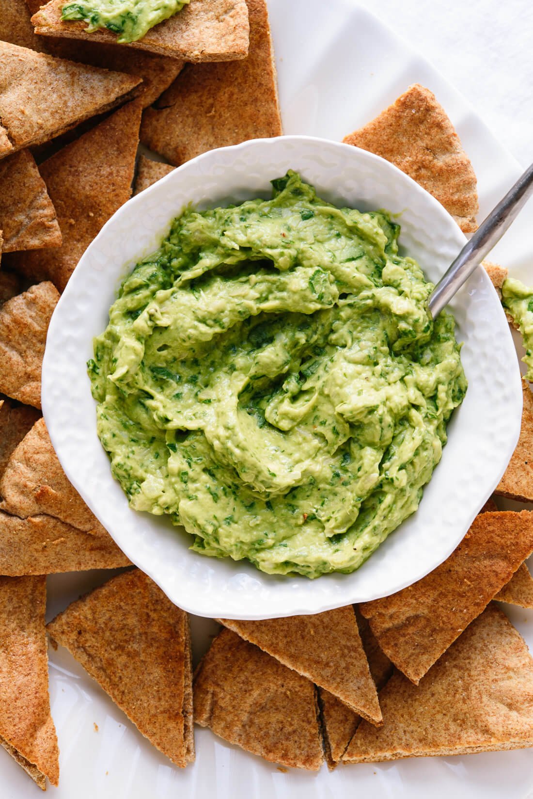 Avocado, Spinach and Artichoke Dip with Toasted Pita Wedges