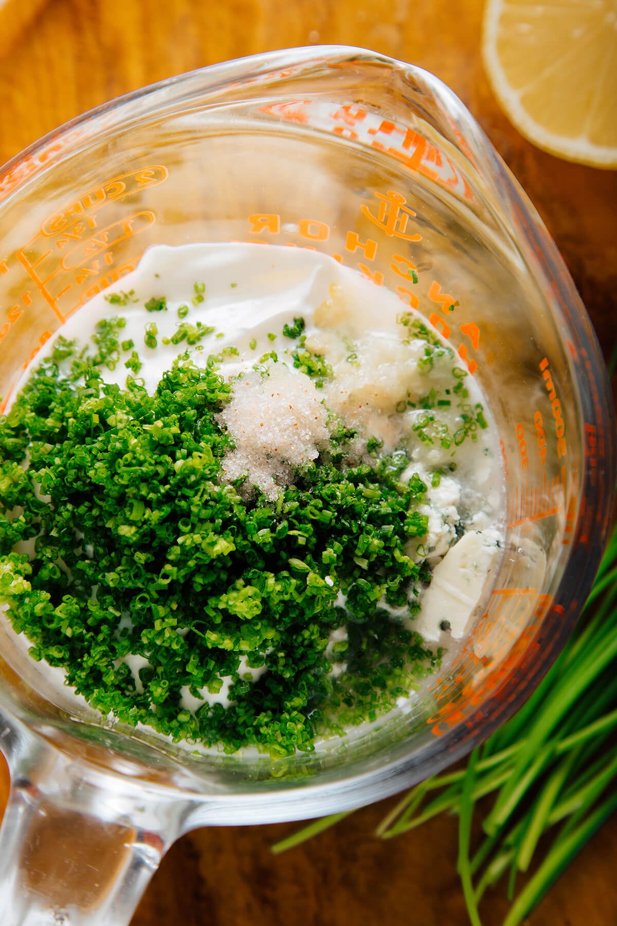 dressing seasoned with chives and salt
